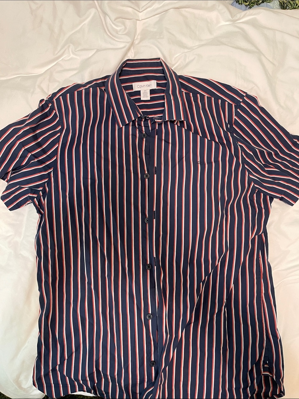Calvin Klein Navy Shirt with Pink and White Vertical Stripes